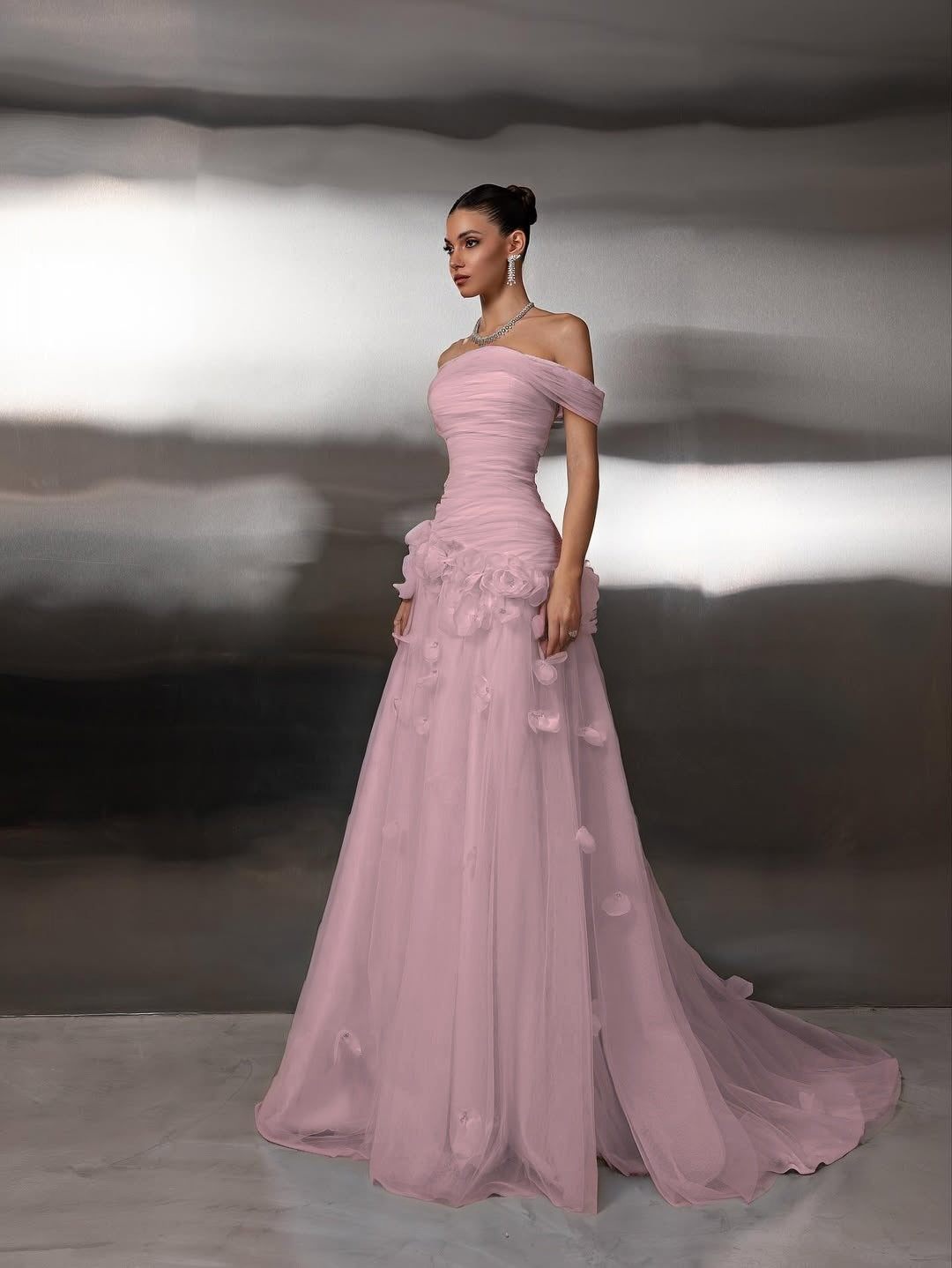 Chic Blue Tulle Off the Shoulder Floral Prom Dress with Pleated