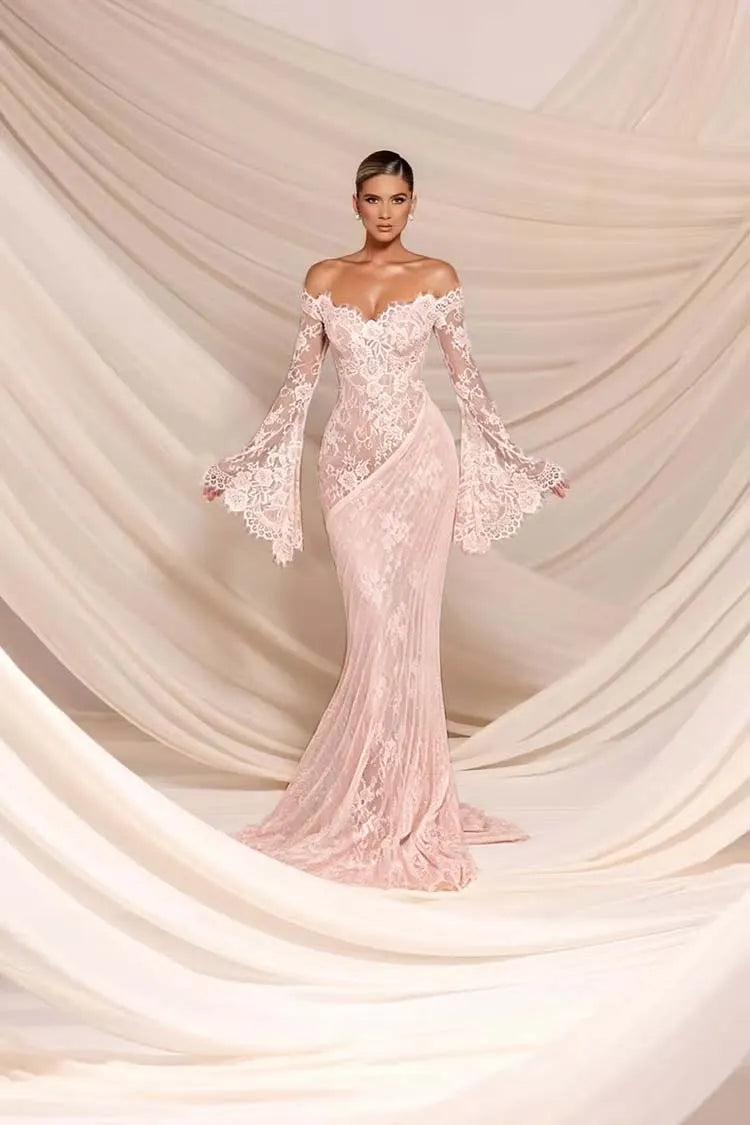 Charming White Lace Bateau Neck Long Sleeves Mermaid Wedding Dress