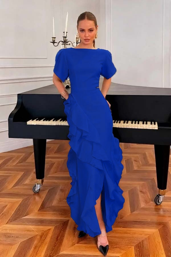 Charming Black Jewel Neck Short Sleeves Ruffles Prom Dress with Split