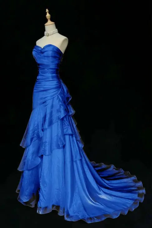 Stunning Beige Sleeveless Strapless Train Long Prom Dress with Ruffles