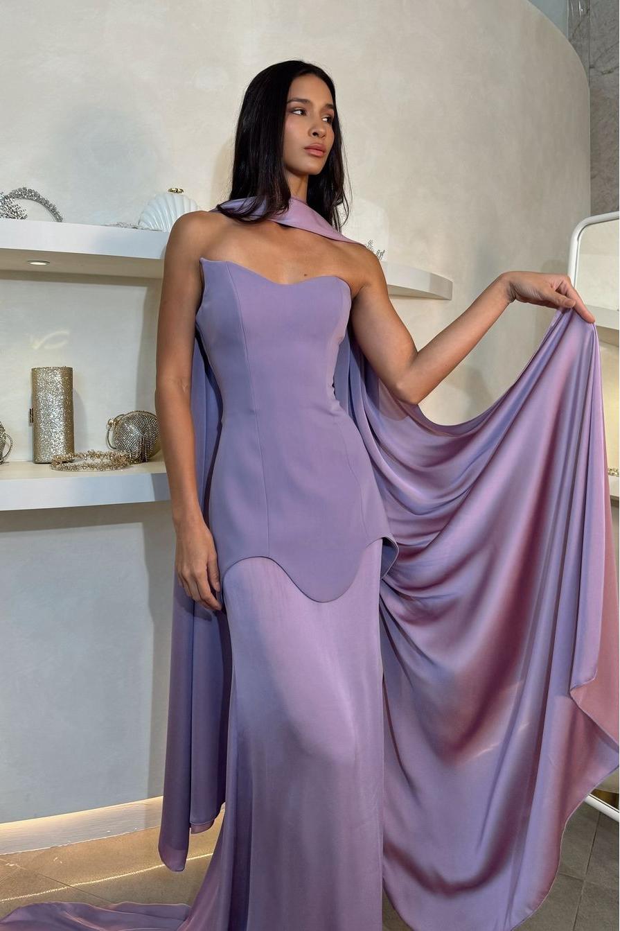 Amazing Purple Satin Strapless Sleeveless Long Slim Prom Dress with Scarf