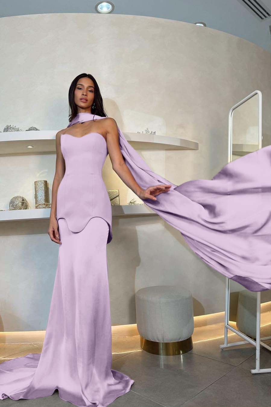 Amazing Purple Satin Strapless Sleeveless Long Slim Prom Dress with Scarf