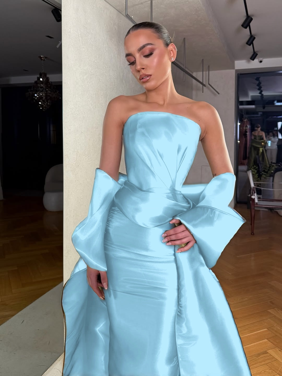 Dreamy Green Satin Strapless Sleeveless Long Prom Dress with Bow