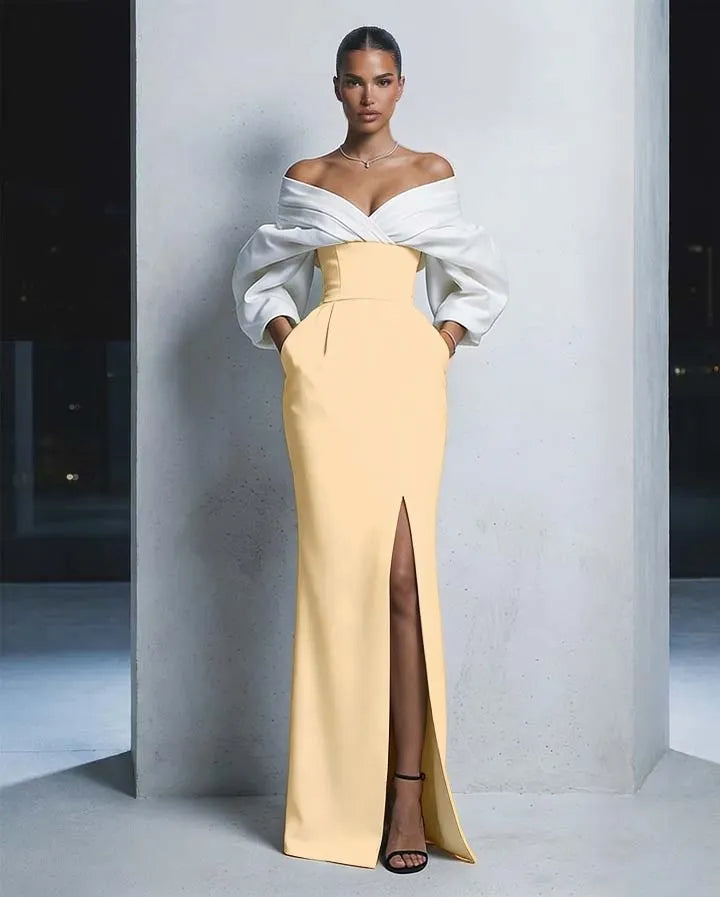 Charming  Long Sleeves Black And White Off-The-Shoulder Split Long Prom Dress