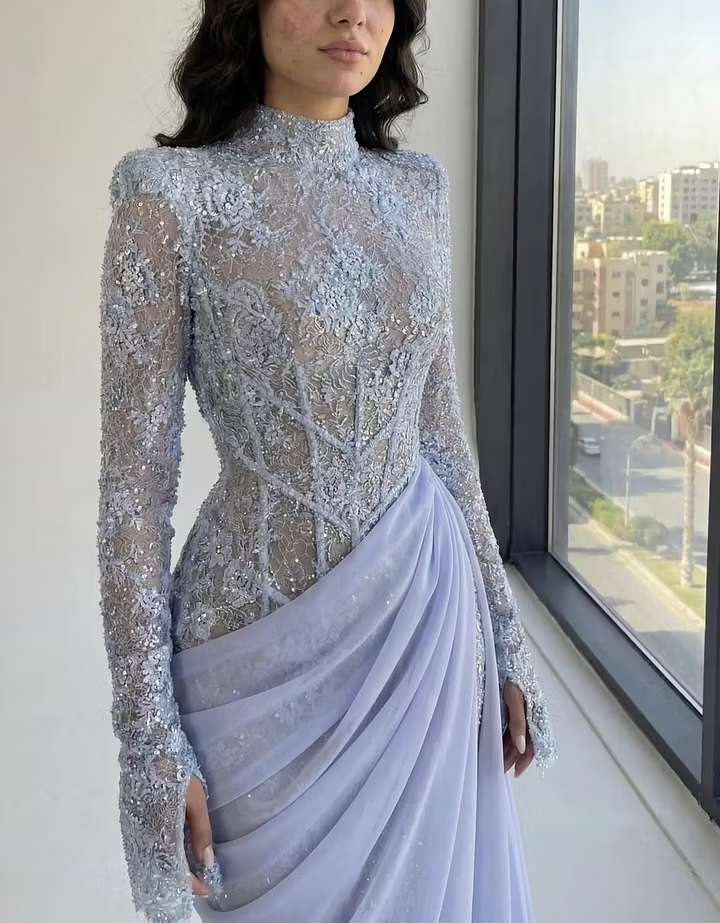 Chic High Neck Long Sleeves Beaded Applique Pleated Prom Dress with Train
