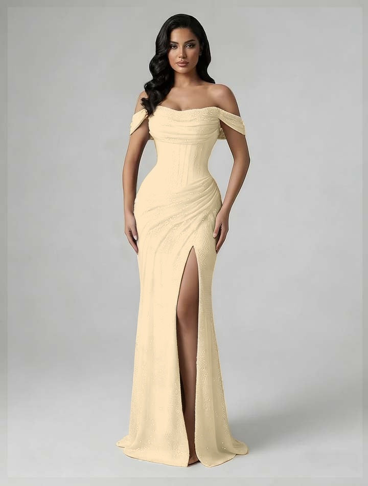 Charming Burgundy Off-The-Shoulder Pleated Prom Dress With Split
