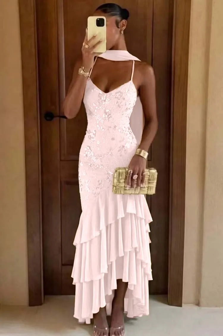Chic Green Chiffon Sleeveless Spaghetti Strap Ruffles Hem Long Prom Dress with Scarf
