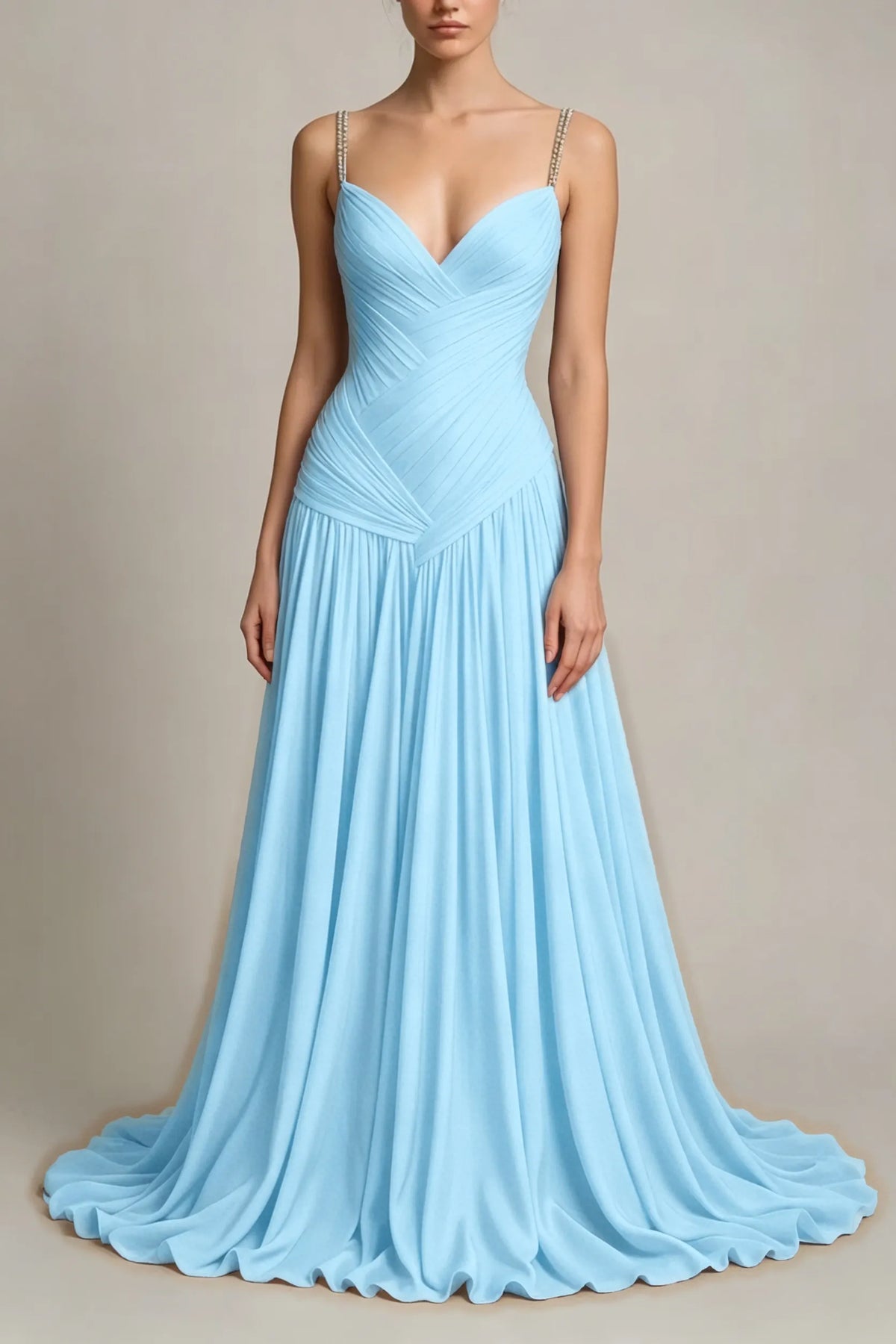 Charming Dusty Blue Sleeveless Spaghetti Strap Long Prom Dress with V Neck