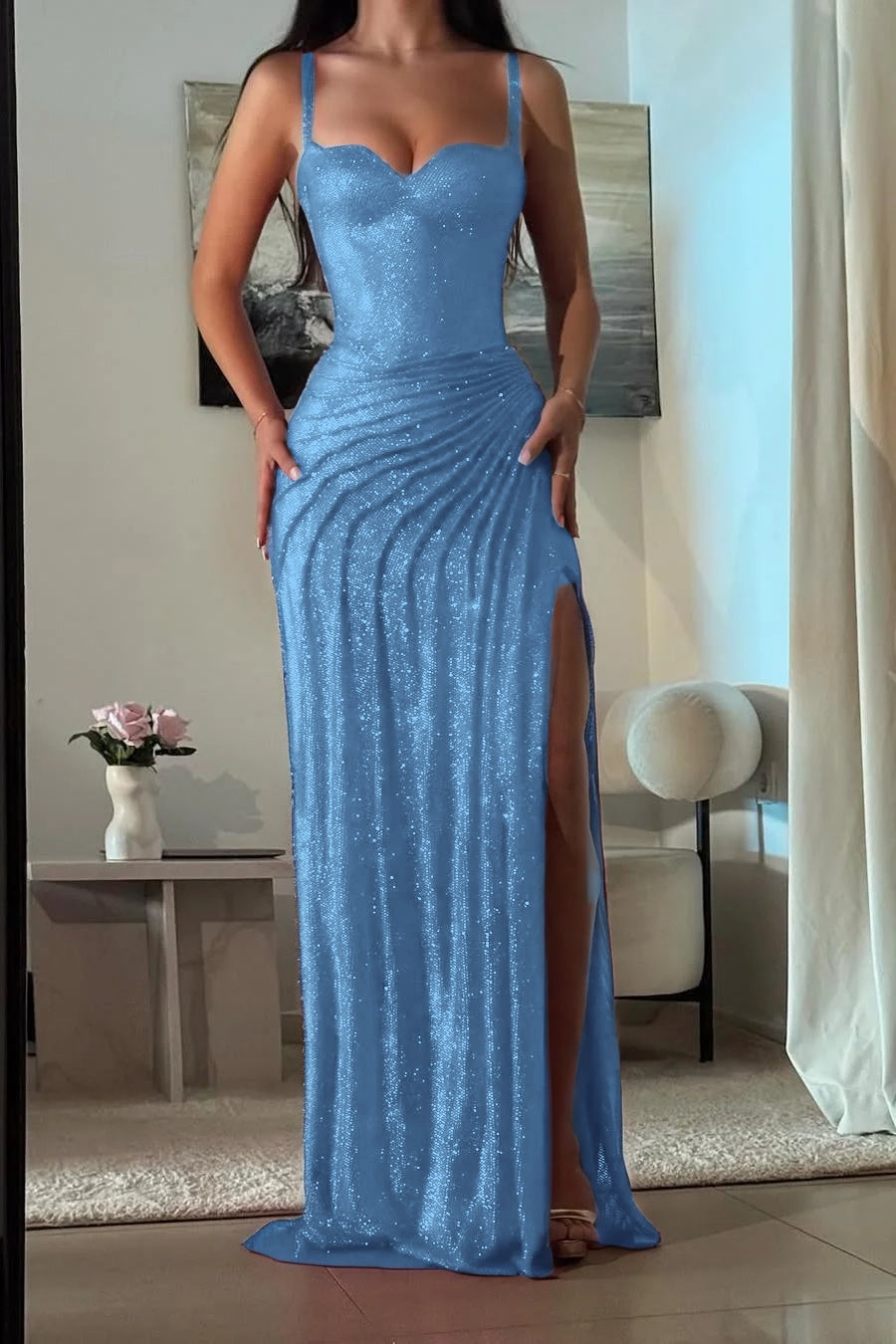 Amazing Fuchsia Sequins Spaghetti Strap Sweetheart Sleeveless Pleated Prom Dress with Split