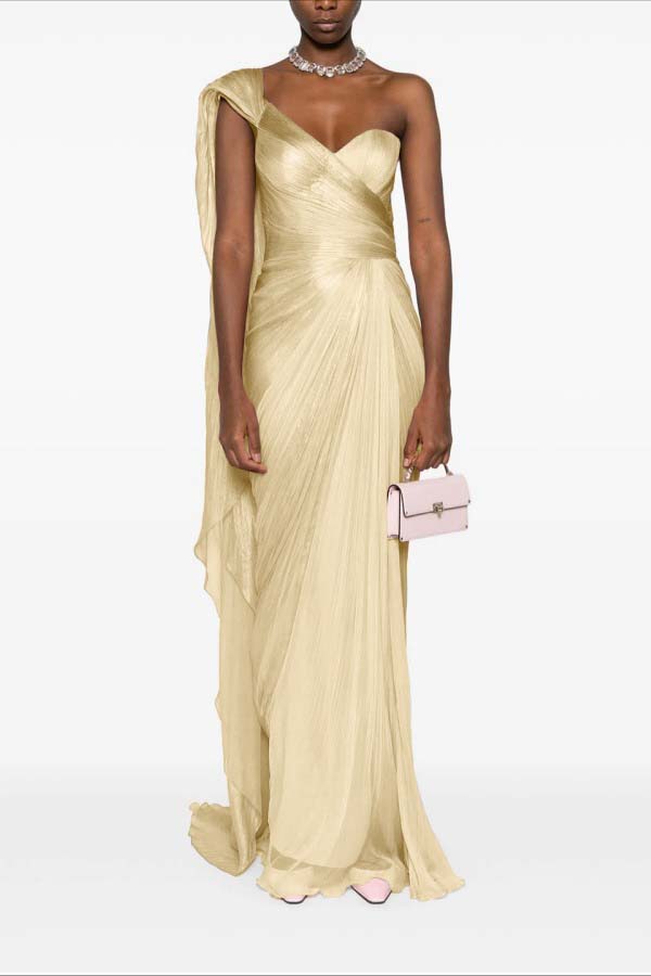 Charming Pink One Shoulder Sleeveless Pleated Prom Dress with Train