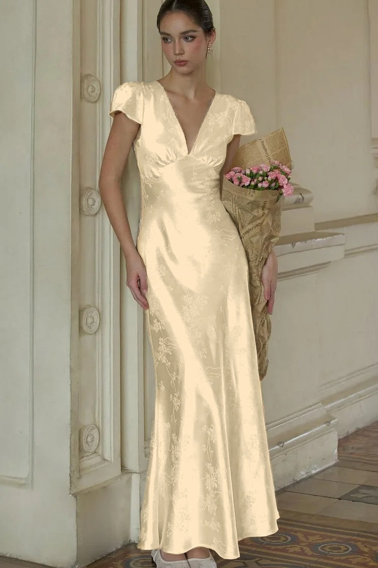 Stunning Silver Satin Sleeveless V Neck Long Prom Dress with Print