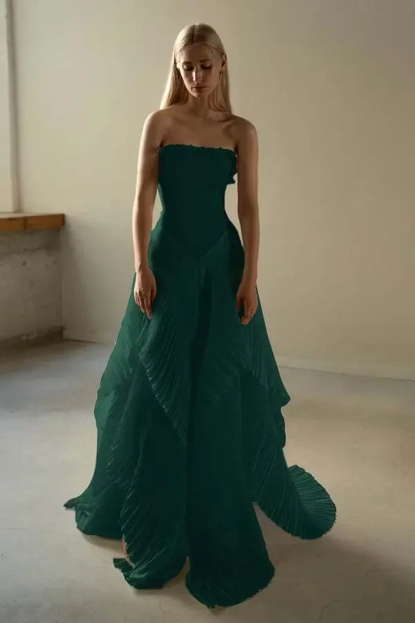 Chic Ivory Chiffon Strapless Sleeveless Slim Long Prom Dress with Ruffles