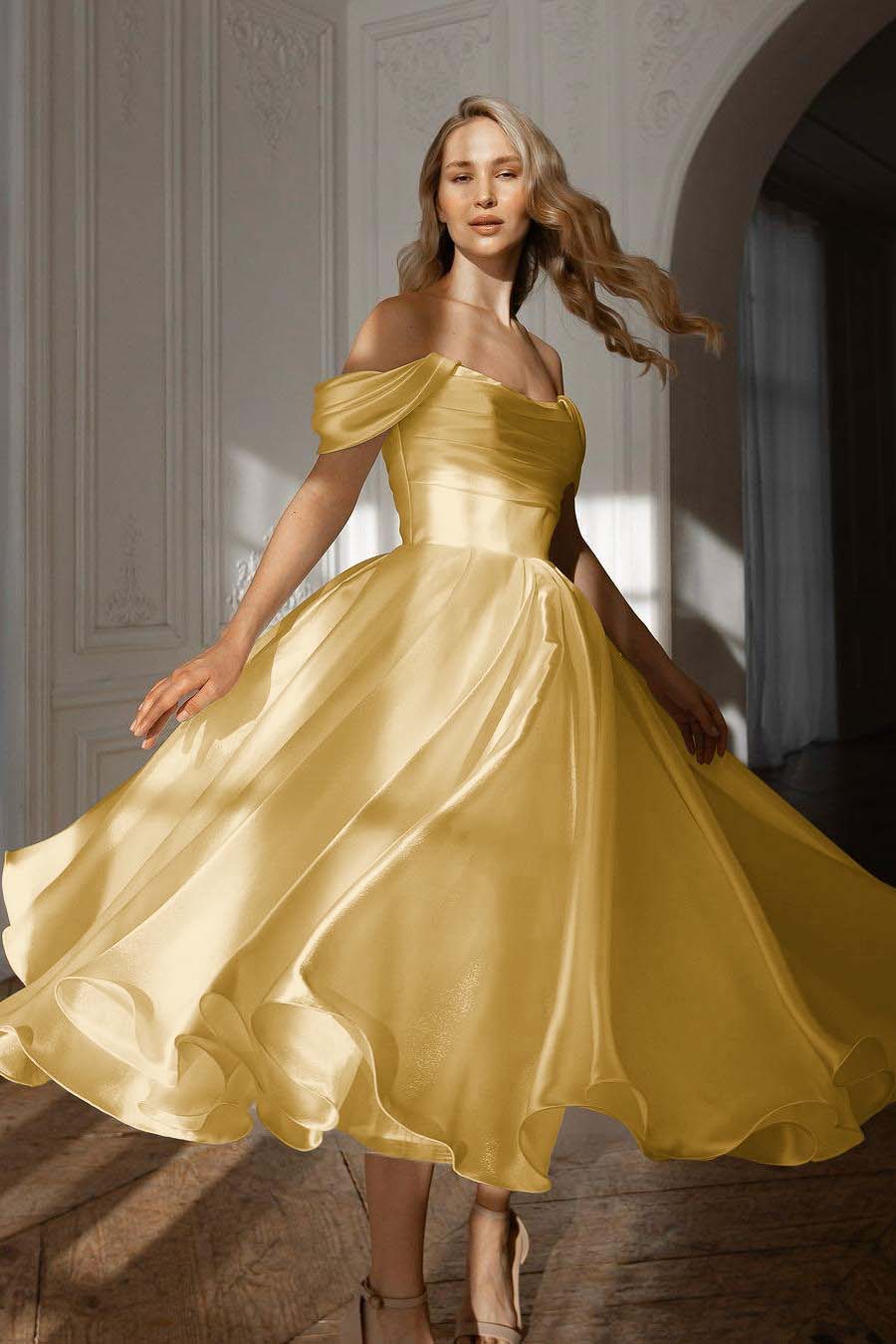 Exquisite White Satin Strapless Off the Shoulder A Line Prom Dress with Ruffles