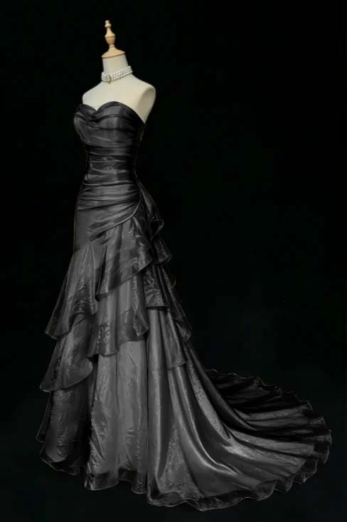 Stunning Beige Sleeveless Strapless Train Long Prom Dress with Ruffles