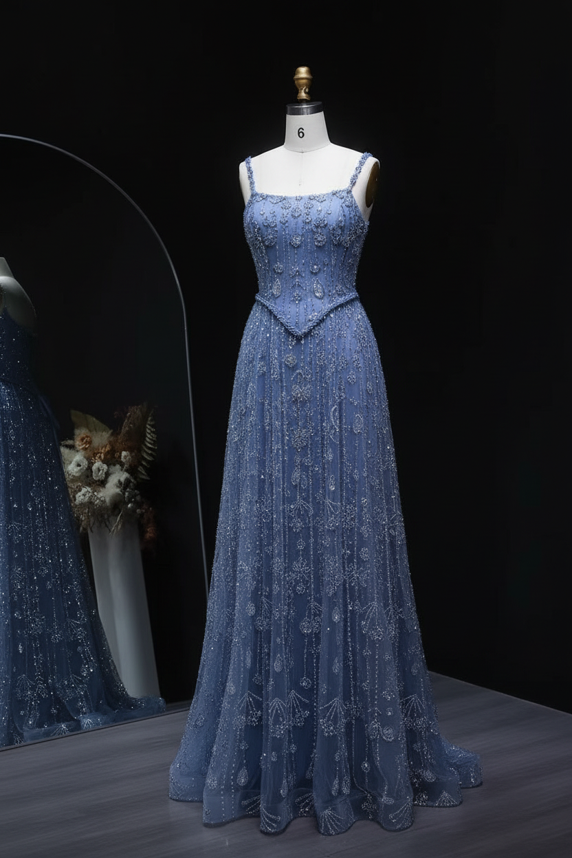 Blue Sequin A-Line Evening Gown
