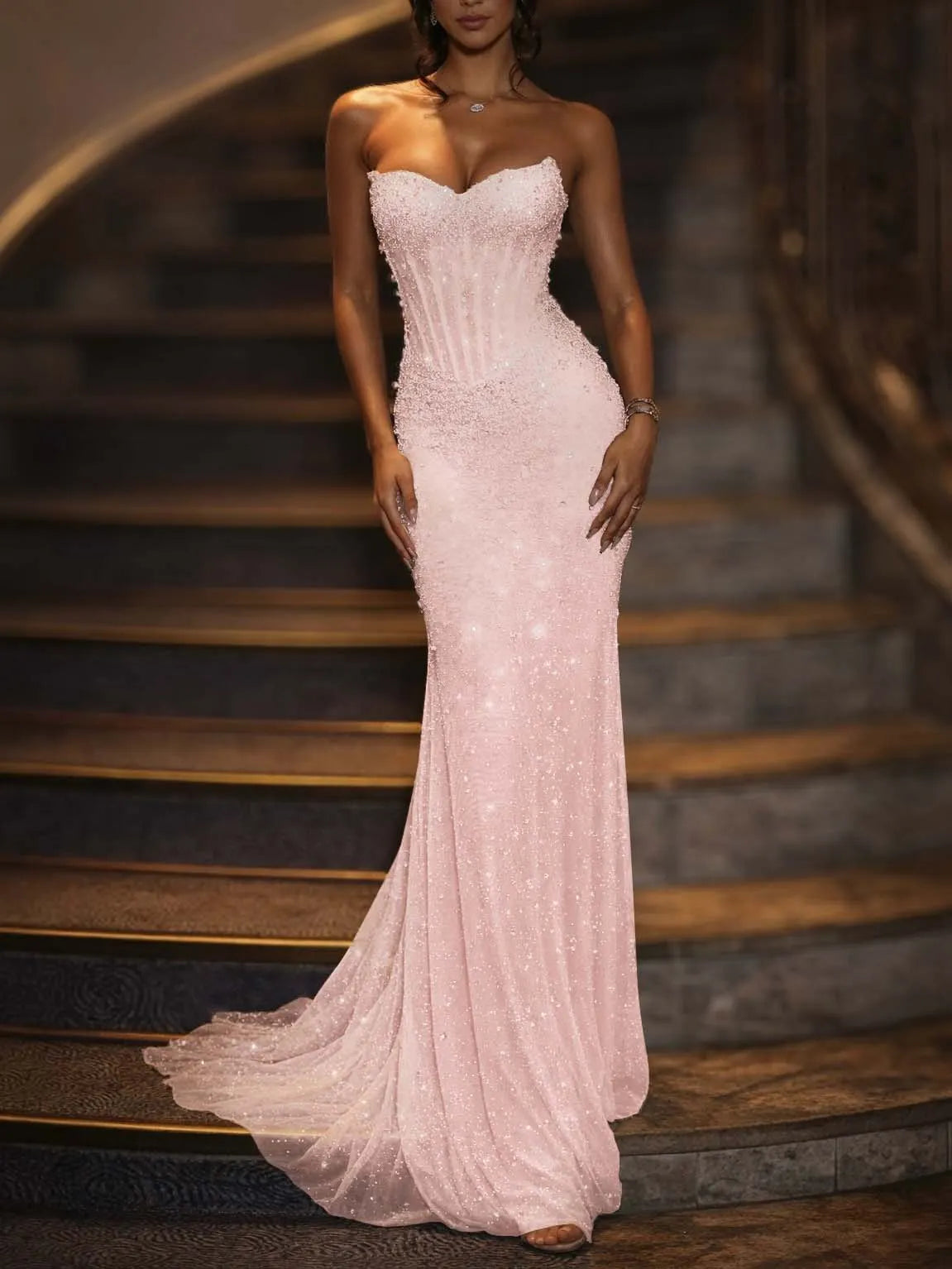 Romantic Sequins Sweetheart Sleeveless Strapless Long Prom Dress with Mermaid