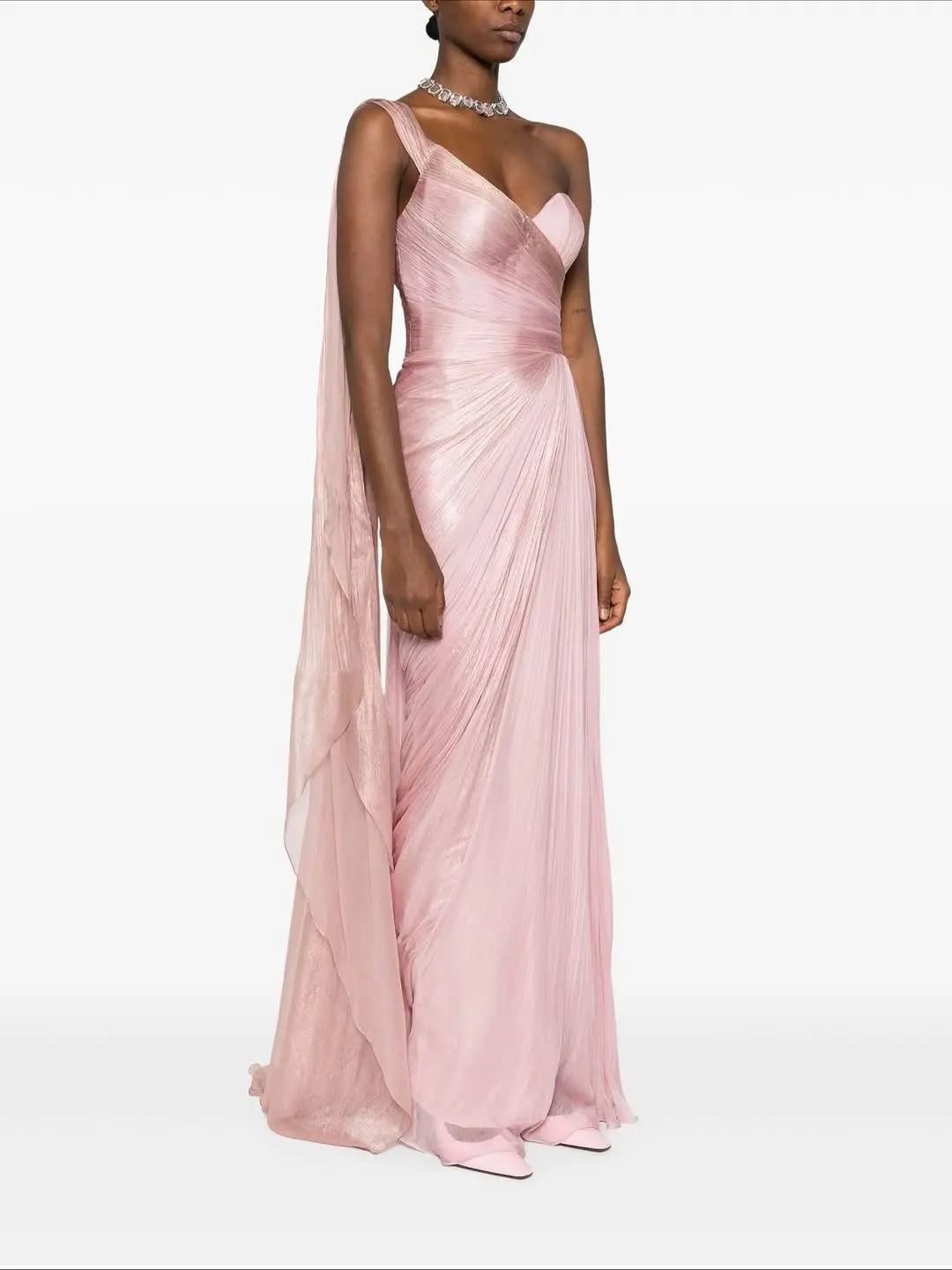 Charming Pink One Shoulder Sleeveless Pleated Prom Dress with Train