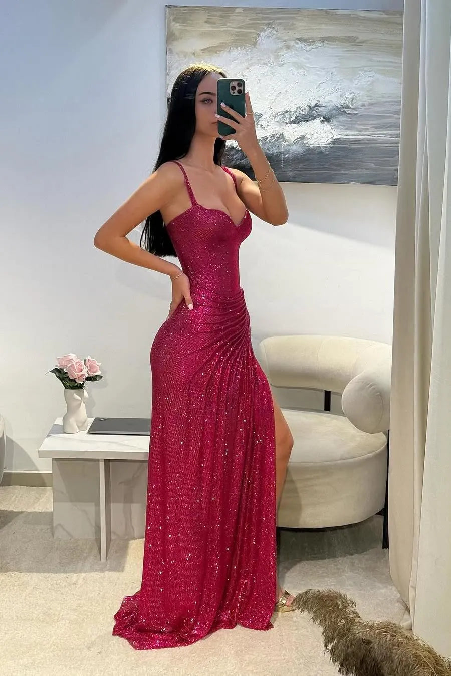 Amazing Fuchsia Sequins Spaghetti Strap Sweetheart Sleeveless Pleated Prom Dress with Split