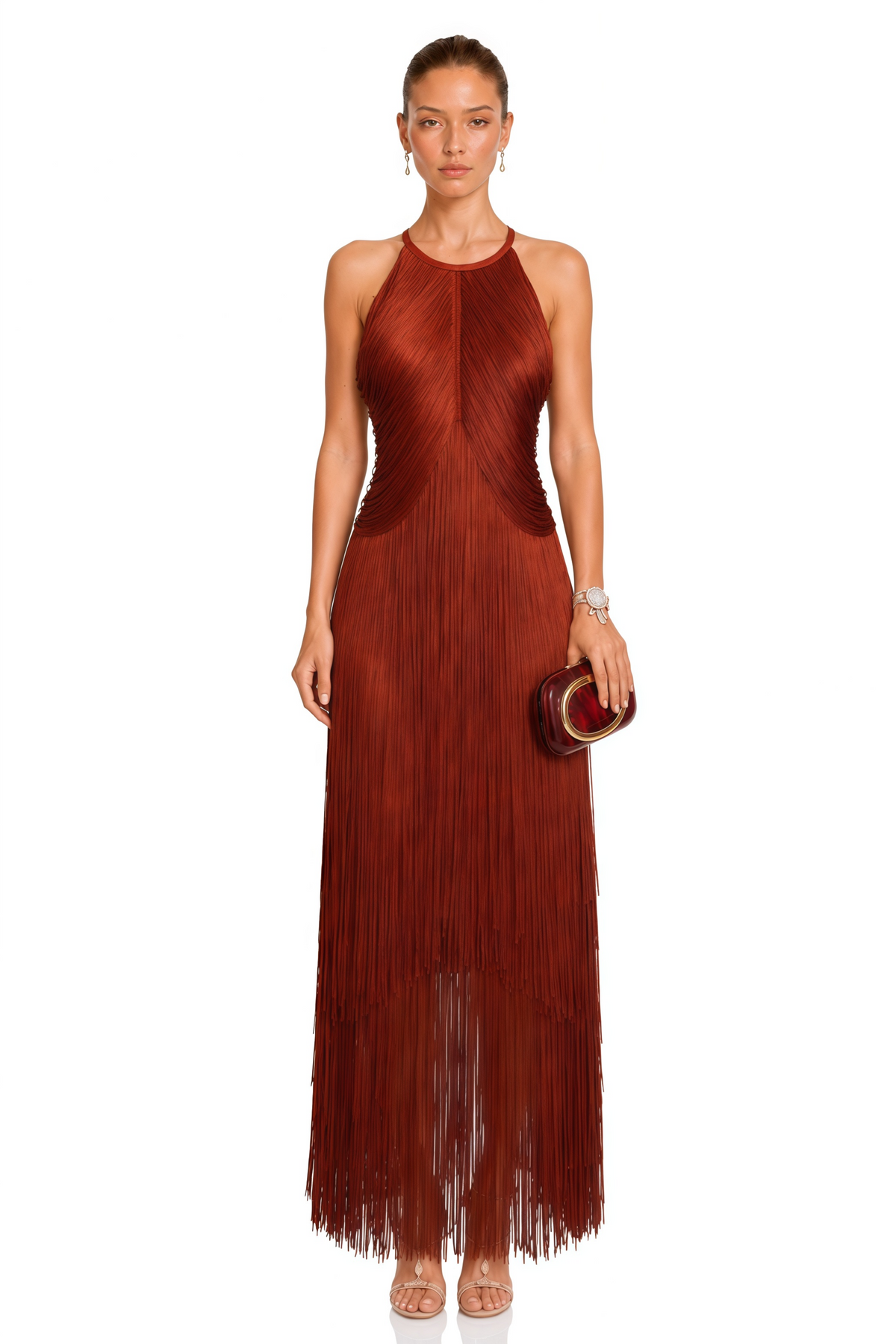 Mélisande Rusty Red Halterneck Fringed Maxi Gown