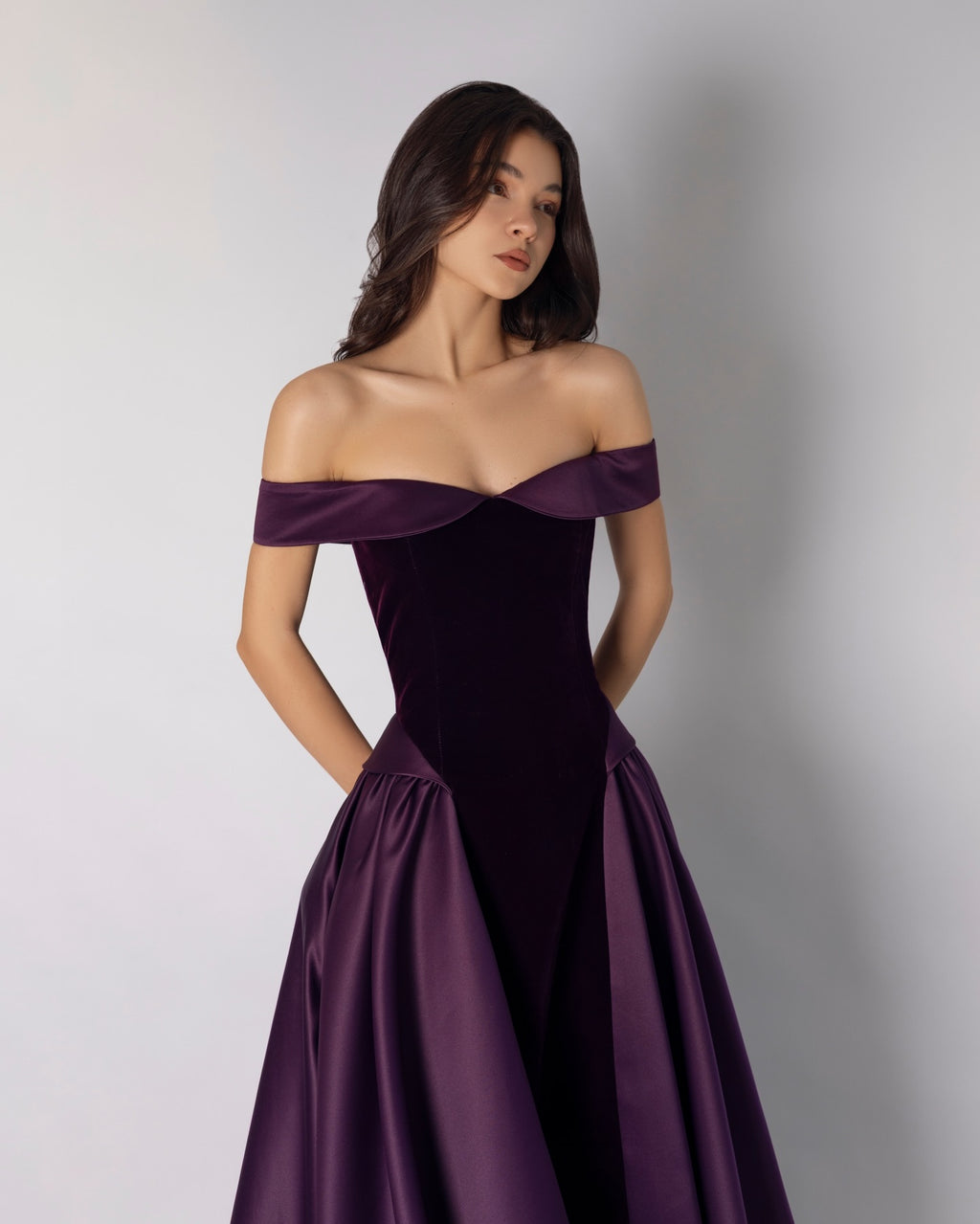 Charming Classic A-Line Off-The-Shoulder Dark Purple Pleated Prom Dress with Sleeveless