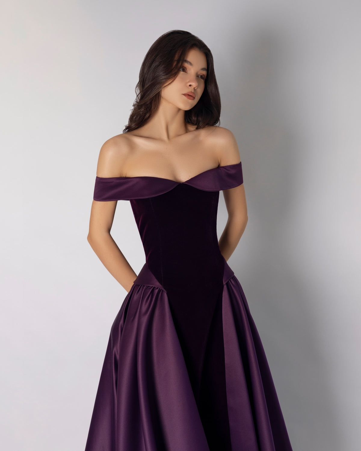 Charming Classic A-Line Off-The-Shoulder Dark Purple Pleated Prom Dress with Sleeveless