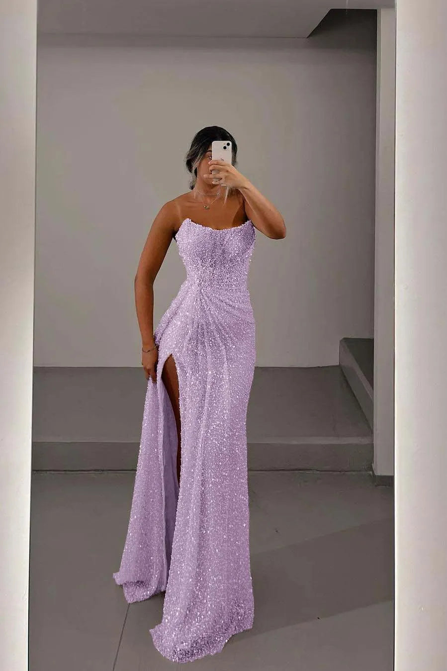 Glamorous Light Pink Sequins Strapless Sleeveless Long Prom Dress with Split
