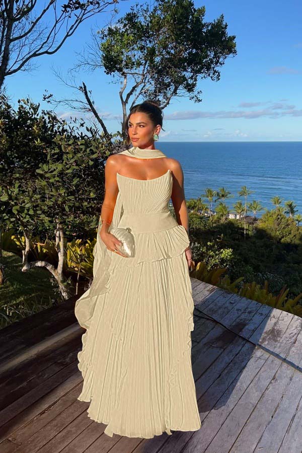 Chic Chiffon Strapless Sleeveless Pleated Prom Dress with Scarf