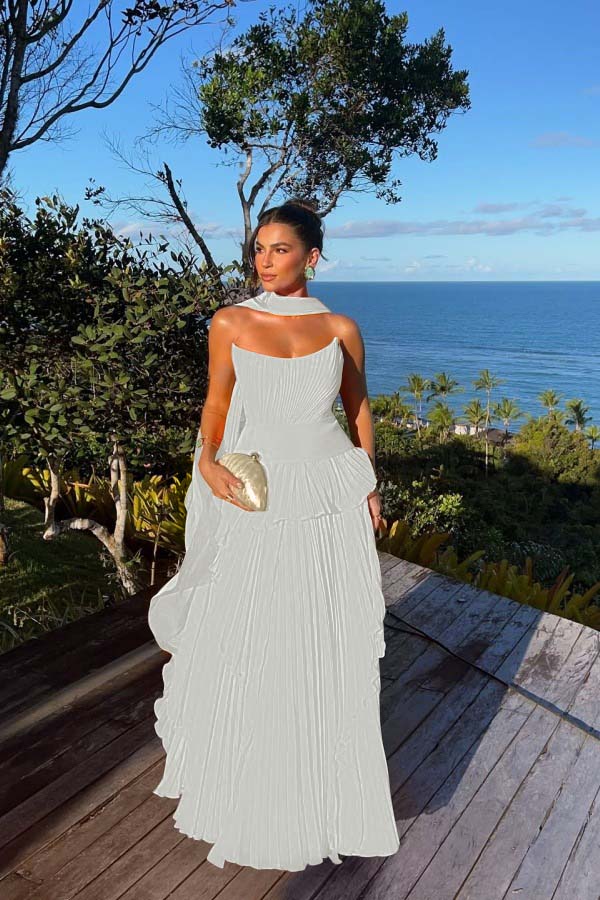 Chic Chiffon Strapless Sleeveless Pleated Prom Dress with Scarf