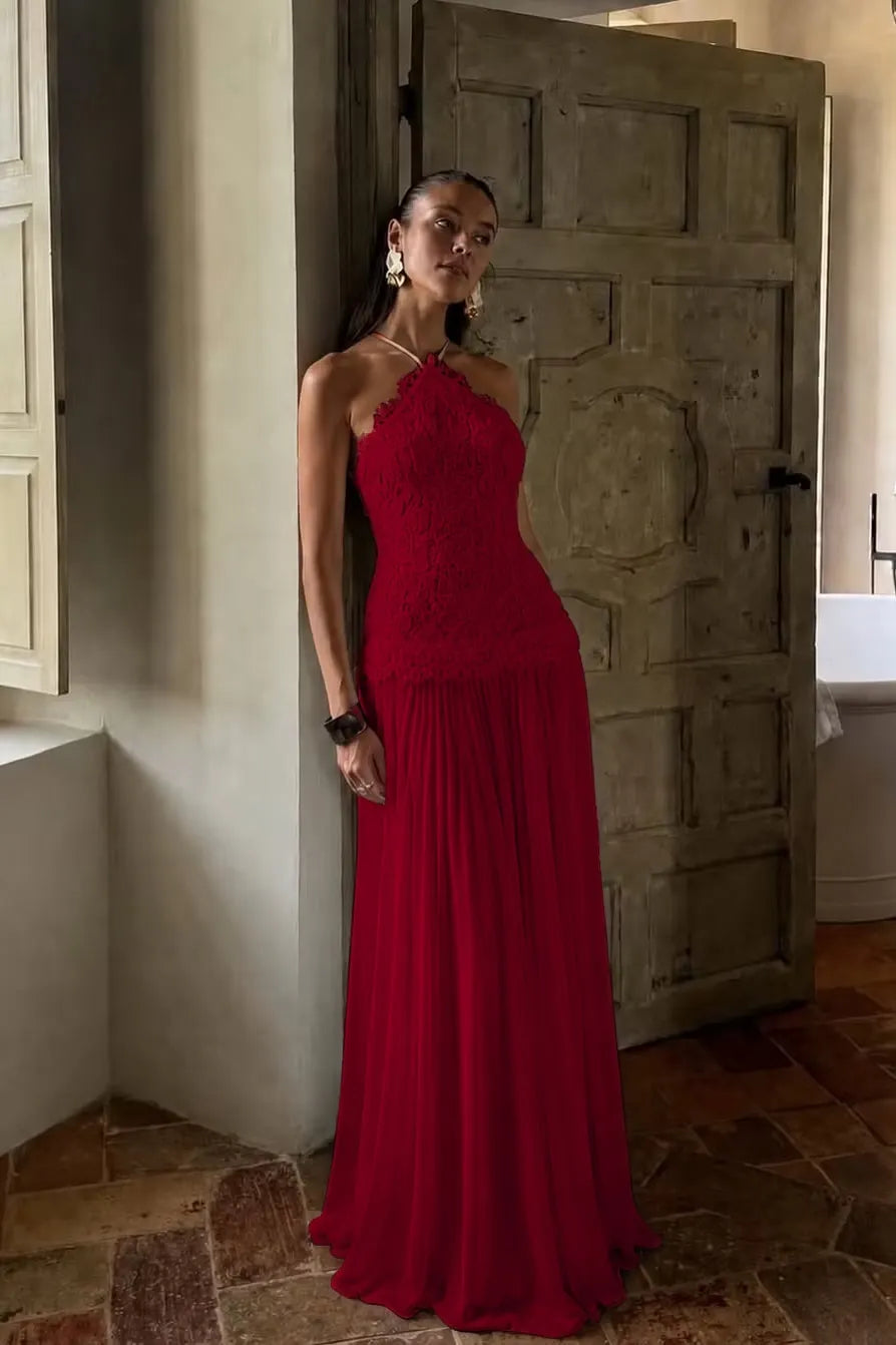 Elegant White Lace Sleeveless Halter Long Prom Dress with Pleated