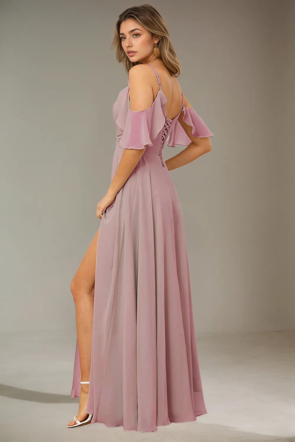 Simple Chiffon Spaghetti Strap Off the Shoulder Bridesmaid Dress with Split