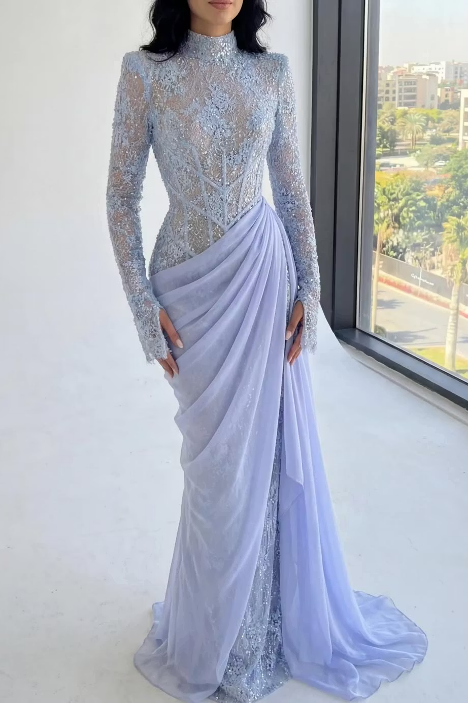 Chic High Neck Long Sleeves Beaded Applique Pleated Prom Dress with Train
