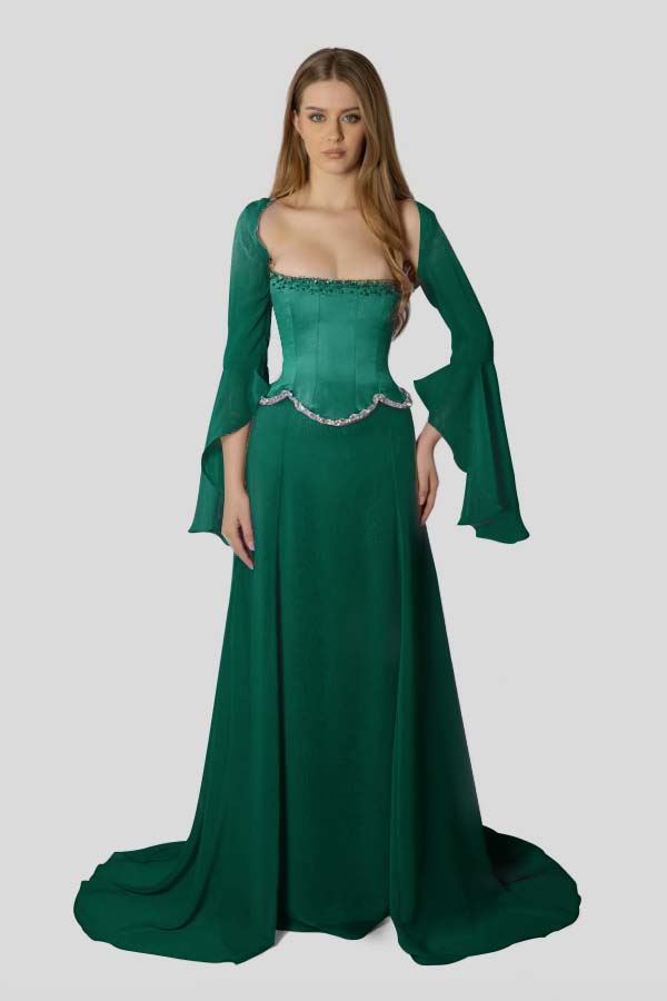 Stunning Square Neck Beaded Long Ruffles Sleeves Prom Dress