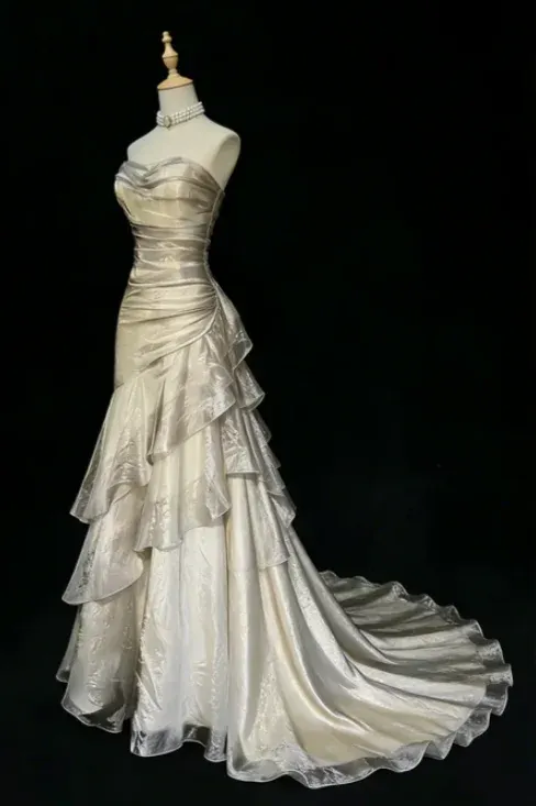 Stunning Beige Sleeveless Strapless Train Long Prom Dress with Ruffles