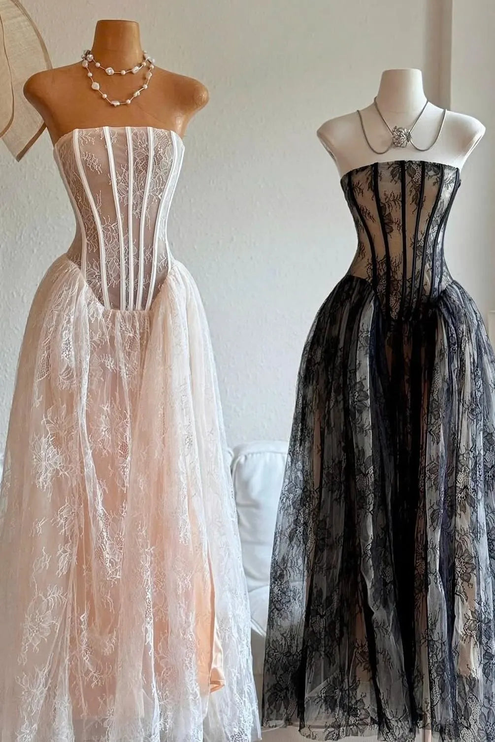 Exquisite White Lace Strapless Sleeveless A Line Prom Dress with Ruffles