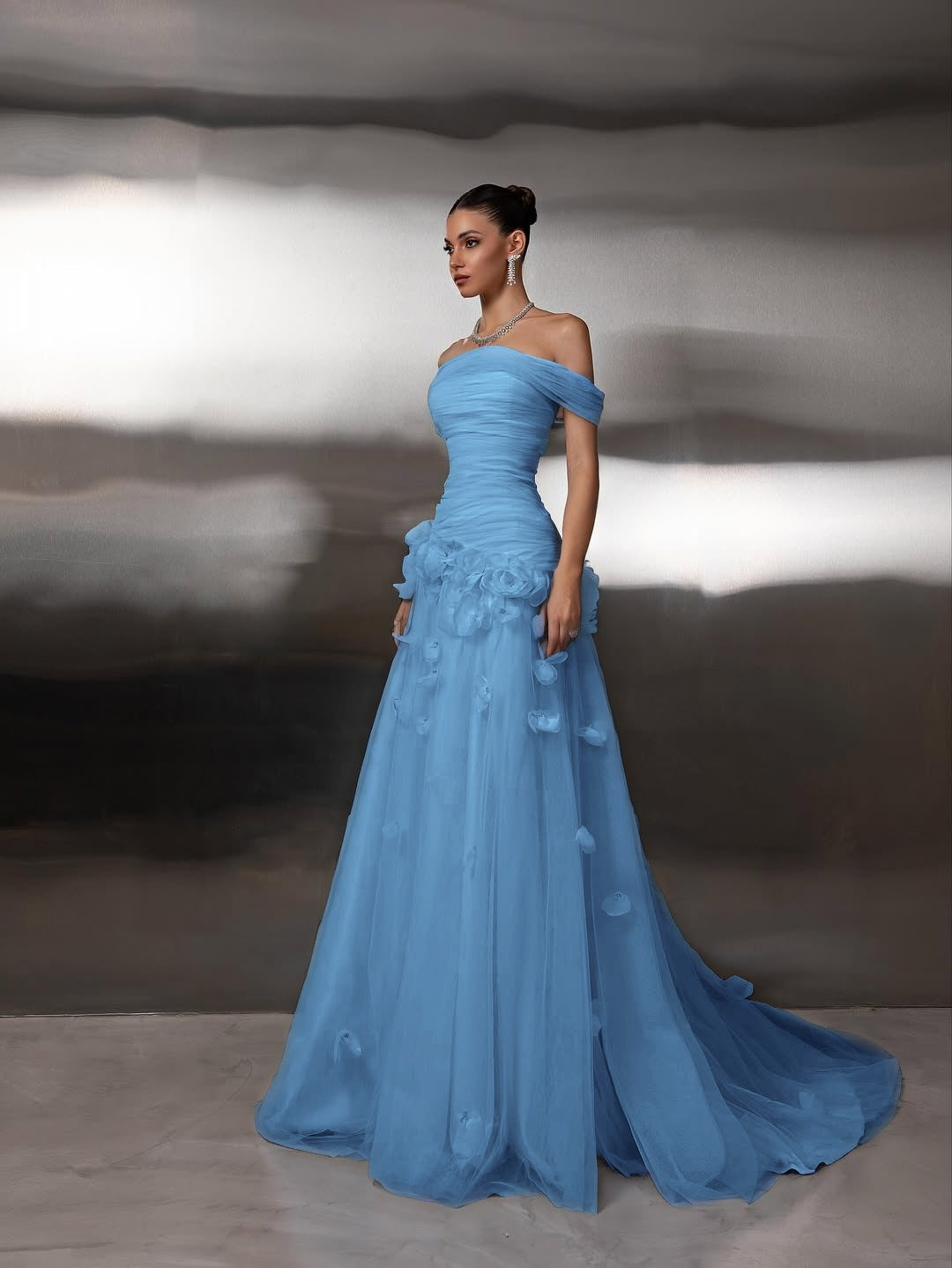 Chic Blue Tulle Off the Shoulder Floral Prom Dress with Pleated