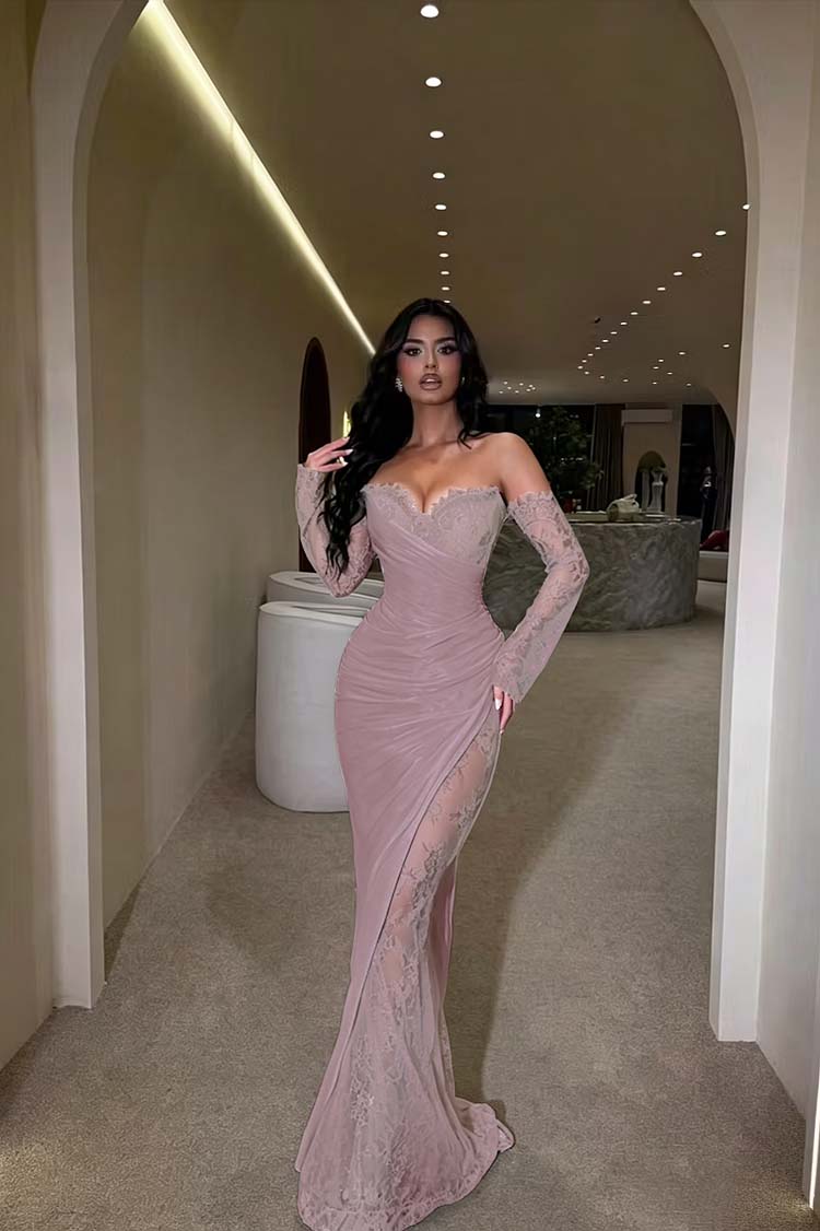 Glamorous Brown Long Sleeves Strapless V Neck Long Prom Dress with Pleated