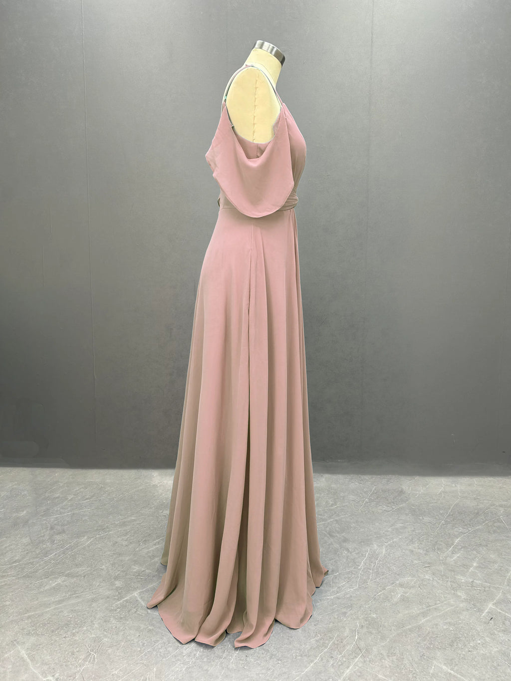 Simple Chiffon Spaghetti Strap Off the Shoulder Bridesmaid Dress with Split