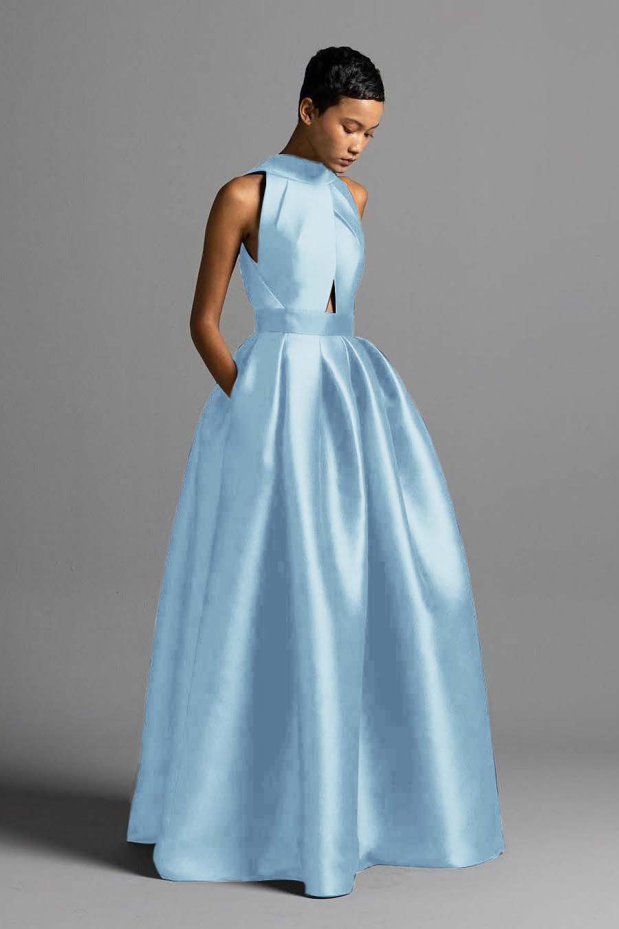 Exquisite Royal Blue Satin Halter Strapless Sleeveless A Line Prom Dress with Pleated