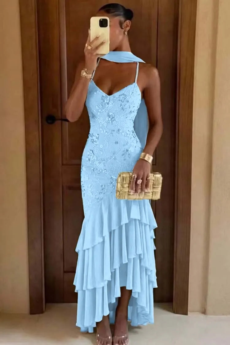 Chic Green Chiffon Sleeveless Spaghetti Strap Ruffles Hem Long Prom Dress with Scarf