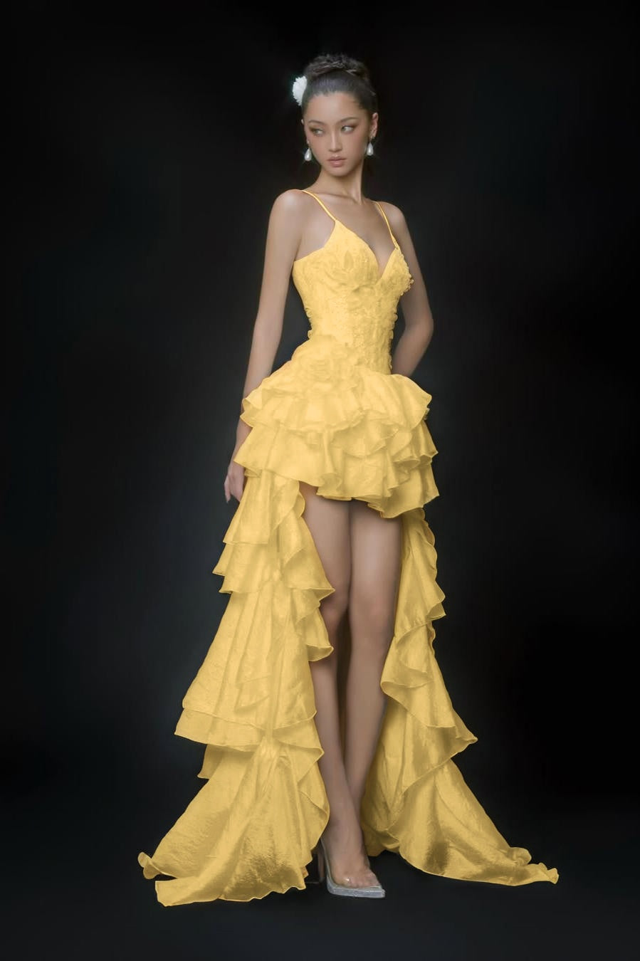 Stunning White Sleeveless Spaghetti Strap V Neck Long Prom Dress with Ruffles
