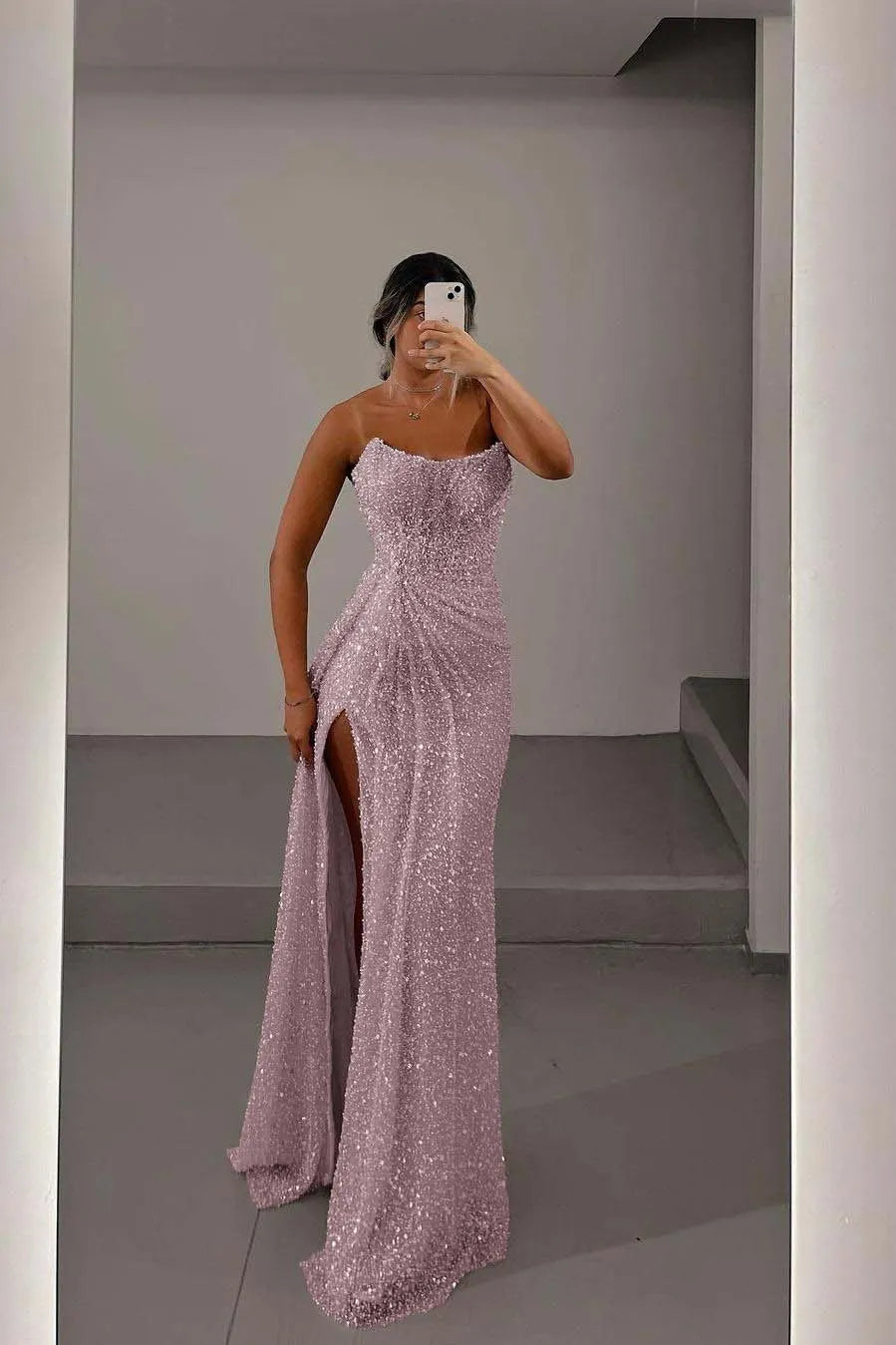 Glamorous Light Pink Sequins Strapless Sleeveless Long Prom Dress with Split