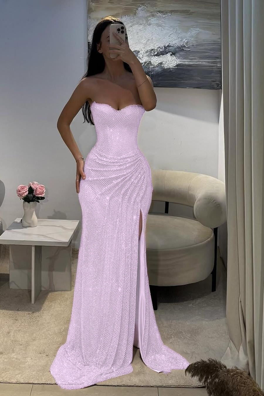 Shinning Silver Sweetheart Sleeveless Long Pleated Prom Dress with Split