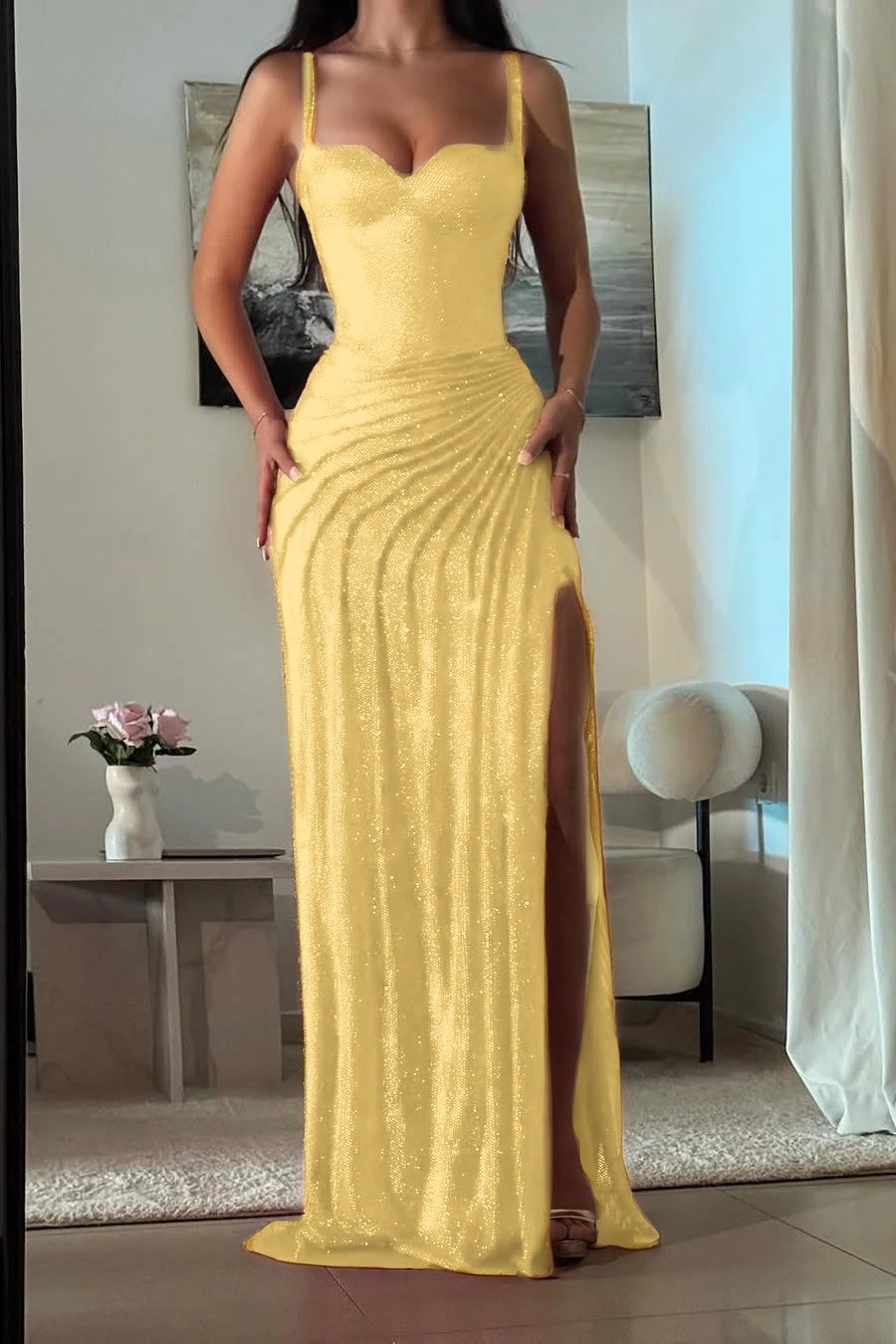 Amazing Fuchsia Sequins Spaghetti Strap Sweetheart Sleeveless Pleated Prom Dress with Split
