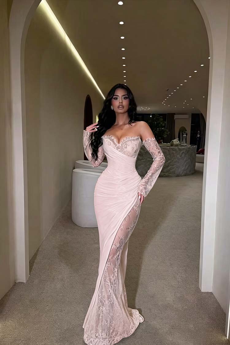 Glamorous Brown Long Sleeves Strapless V Neck Long Prom Dress with Pleated