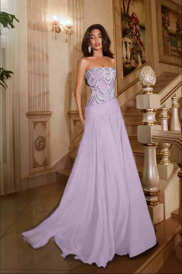 Exquisite DarkNavy Chiffon Sleeveless Strapless Prom Dress with Sequins