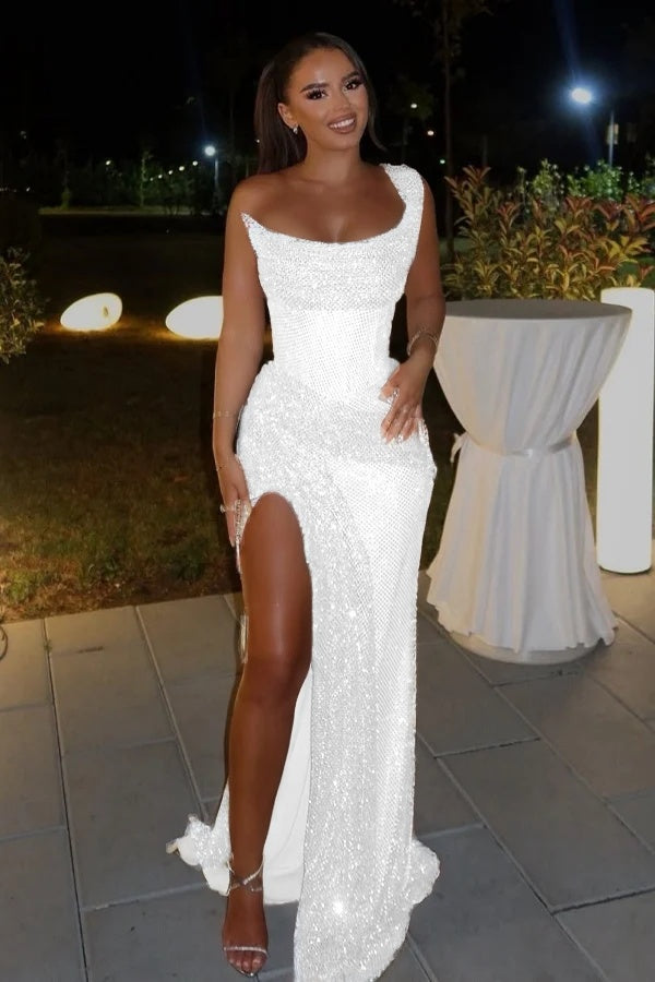 Glamorous Sequins One Shoulder Sleeveless Split Prom Dress with Pleated