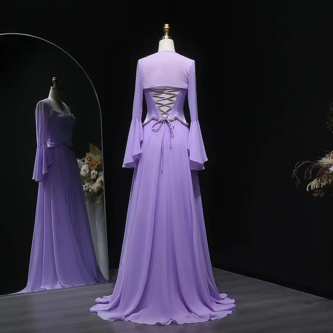 Stunning Square Neck Beaded Long Ruffles Sleeves Prom Dress