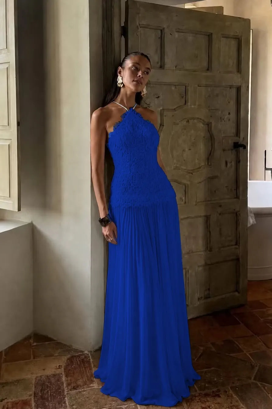 Elegant White Lace Sleeveless Halter Long Prom Dress with Pleated