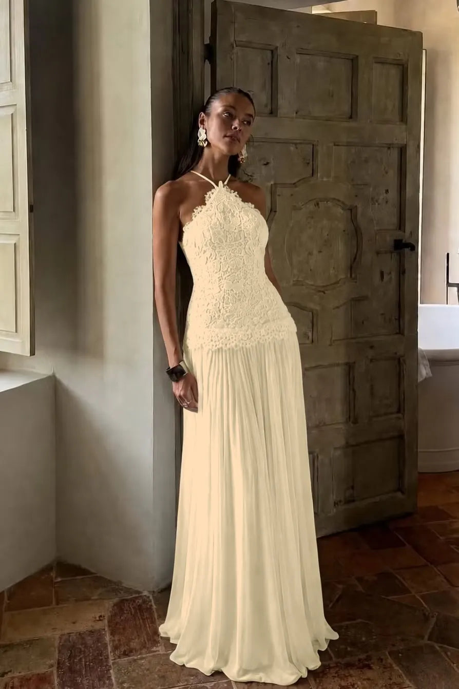Elegant White Lace Sleeveless Halter Long Prom Dress with Pleated