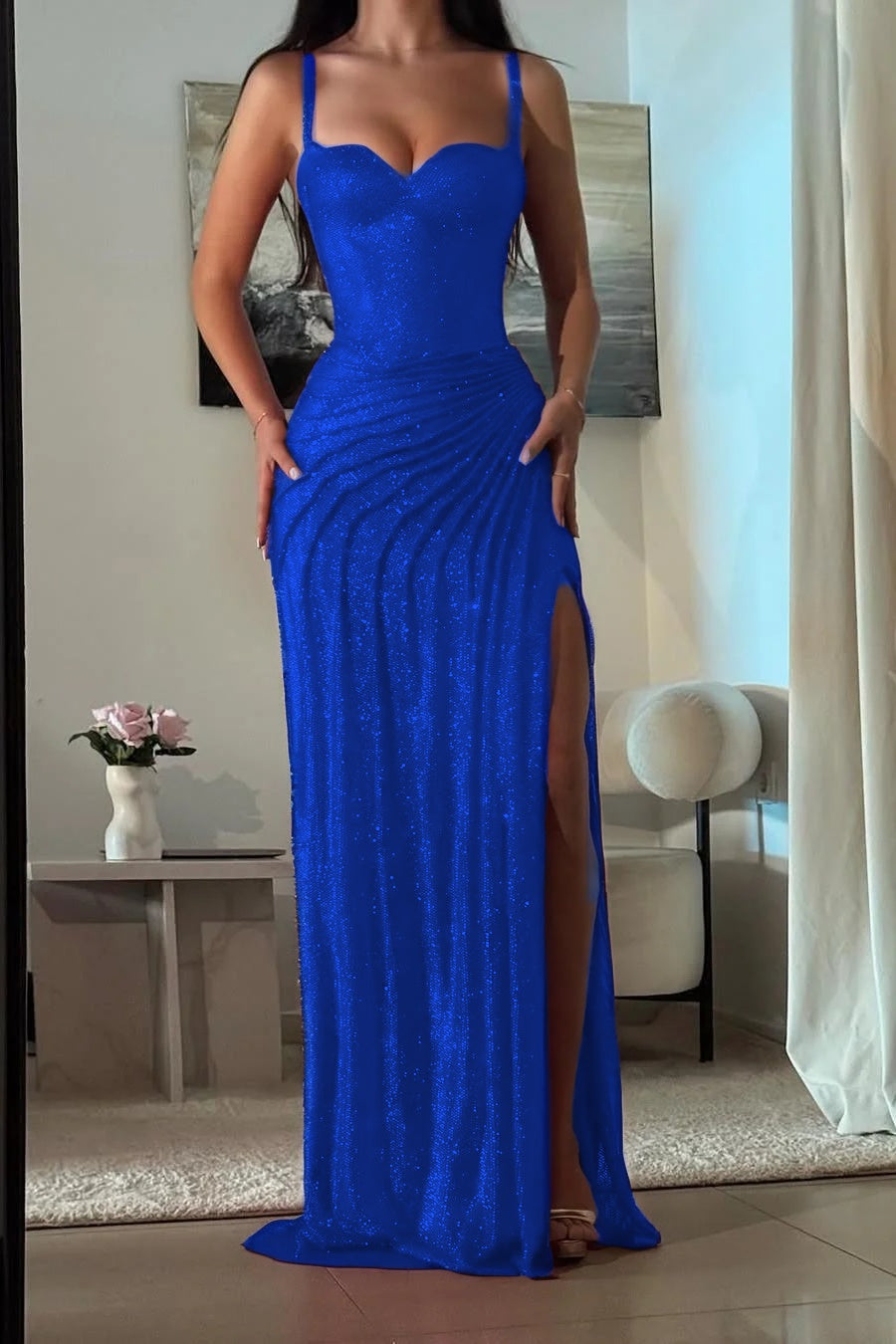 Amazing Fuchsia Sequins Spaghetti Strap Sweetheart Sleeveless Pleated Prom Dress with Split